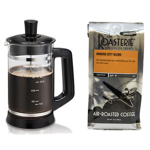 French Press with 12oz KC Blend Coffee Grounds