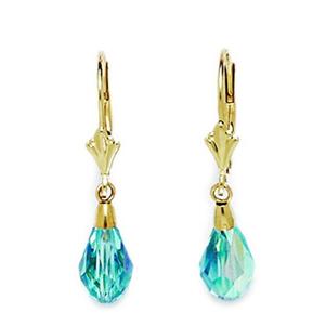 14k Yellow Gold Aquamarine-color Light Blue 9x6mm Swarovski Element Pear Drop Leverback Earrings - Measures 29x6mm