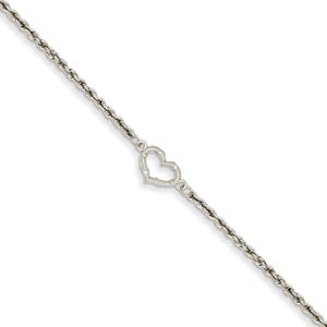 14k White Gold Rope with Heart Anklet - 10 Inch - Lobster Claw