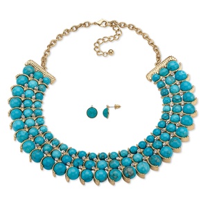 PalmBeach Jewelry Simulated Turquoise and Crystal Two-Piece Necklace and Earrings Set in Gold Tone 17"-19"
