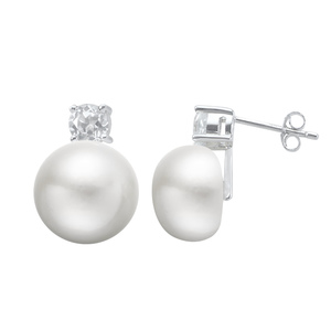 PearLustre by Imperial Sterling Silver FW Button Pearl and White Topaz Earrings
