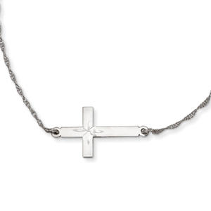 Sterling Silver Large Diamond-cut Sideways Cross Necklace - 18 Inch