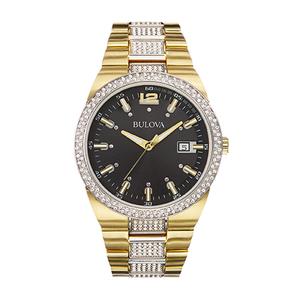 Mens Crystal Gold-Tone Watch Dual Level Black Dial