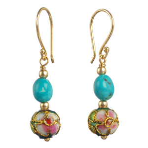 Lita Gold Plated Sterling Silver Cloisonne and Turquoise Drop Earrings