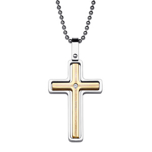 Stainless Steel Two-Tone Polished Cross Necklace with CZ Accent