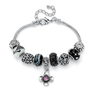 PalmBeach Jewelry Black and Purple Crystal Silvertone Bali-Style Charm and Spacer Bracelet Adjustable 8" to 10"