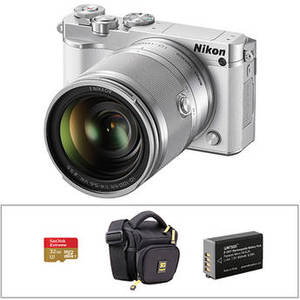 1 J5 Mirrorless Digital Camera with 10-100mm Lens and Accessories Kit (White)