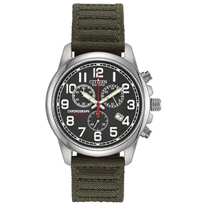 Mens Chronograph Eco-Drive Watch w/ Green Canvas Strap