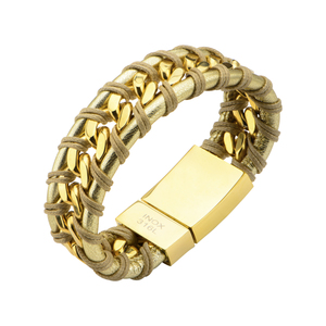 Inox Jewelry Women's Gold Leather & Gold Ion Plated Cord Chain Bracelet