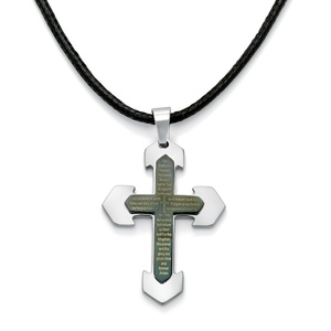 PalmBeach Jewelry Men's Stainless Steel Black ION-Plated Lord's Prayer Cross Pendant Fabric Cord Adjustable 17" to 20"
