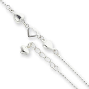 Sterling Silver Polished Hearts Anklet - 10 Inch - Spring Ring