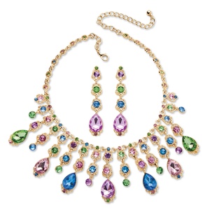 PalmBeach Jewelry Multicolor Oval Crystal Necklace and Earrings Jewelry Set in Gold Tone