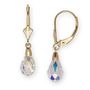 14k Yellow Gold 9x6mm Clear Swarovski Element Crystal Pear Drop Leverback Earrings - Measures 29x6mm