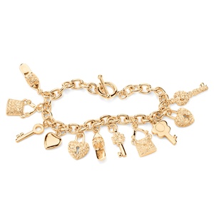 PalmBeach Jewelry Round Crystal 14k Yellow Gold-Plated Shoe  Purse  Heart Lock and Key Charm Bracelet 7 1/2"