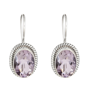 Ladies Sterling Silver Oval Pink Amethyst Dangle Earrings