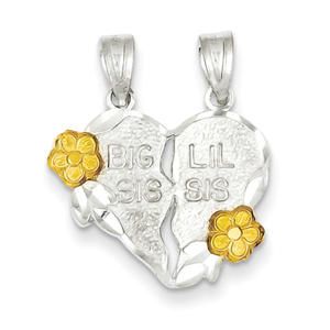 Sterling Silver Two-tone Big Sis Lil Sis 2-Piece Break Apart Heart Charm