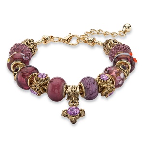 PalmBeach Jewelry Purple Crystal Bali-Style Beaded Charm Bracelet in Antiqued Gold Tone 8"-10"