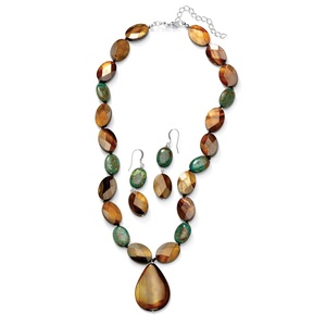 PalmBeach Jewelry Oval-Cut Shell and Jasper Silvertone Adjustable 18" to 21" Necklace and Earrings Set