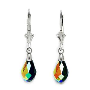 14k White Gold Black 9x6mm Swarovski Element Crystal Pear Drop Leverback Earrings - Measures 29x6mm