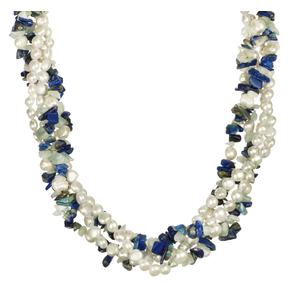 Dyed Blue Color Freshwater Pearl w/ Lapis Lazuli & Aquamarine Chips Necklace