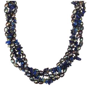 2 Strand Peacock Freshwater Pearl and Lapis Lazuli Chip Twister Necklace, 36"