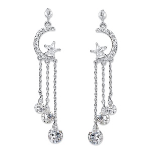 PalmBeach Jewelry Crystal Moon and Stars Tassel Drop Earrings with Chain Accents and Crystal Droplets in Silvertone 2"