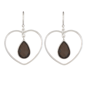 Ladies Sterling Silver Heart Shaped Smokey Quartz Dangle Earrings