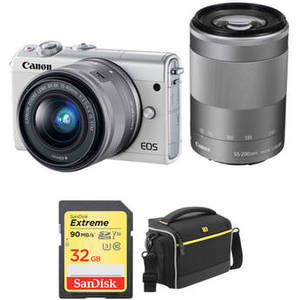 EOS M100 Mirrorless Digital Camera with 15-45mm and 55-200mm Lenses and Accessories Kit (White)