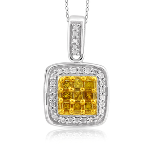 1/3 Cttw. Square Cluster Silver Yellow Diamond Pendant