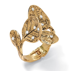 PalmBeach Jewelry Crystal Leaf Bangle Bracelet in Yellow Gold Tone 9"