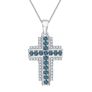1.00 Cttw Blue and White Diamond Cross Pendant in 14K White Gold
