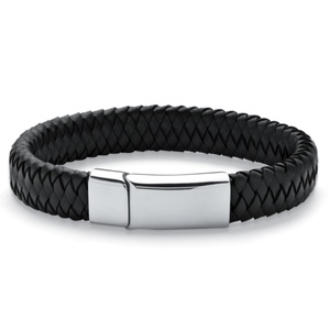 PalmBeach Jewelry Men's Braided Leather Bracelet in Stainless Steel