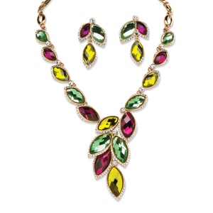 PalmBeach Jewelry Citrus, Mint and Plum Marquise Crystal Leaf Necklace and Earrings Set in Yellow Gold Tone
