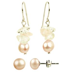 Lita Sterling Silver Pink Freshwater Pearl and Rose Quartz Earring Set