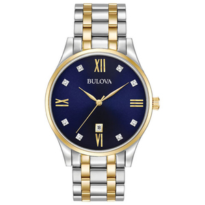Mens Diamond Two-Tone Stainless Steel Watch Dark Blue Dial