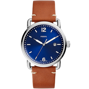 Mens Commuter Brown Leather Strap Watch Blue Dial