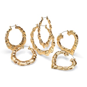 PalmBeach Jewelry 3 Pair Bamboo Style Hoop Earrings Set in Yellow Gold Tone