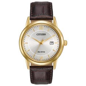 Mens Eco-Drive Brown Leather Strap Watch Sunray Dial