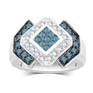1.00 Cttw Blue and White Diamond Ring in 14K White Gold - Size 7 Only