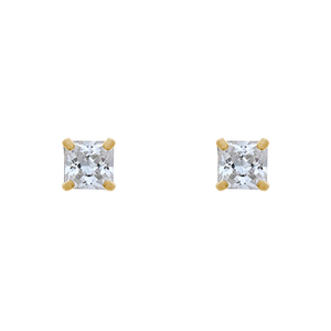 14K Yellow Gold 3mm Princess Cut Cubic Zirconia Stud Earrings