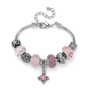 PalmBeach Jewelry Round Pink Crystal Silvertone Bali-Style Beaded Charm and Spacer Bracelet 8"