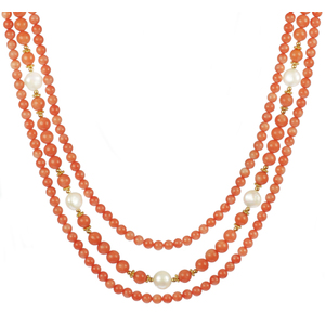 3 Row Coral, Freshwater Pearl and Gold Filled Bead Necklace