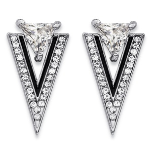 PalmBeach Jewelry Trilliant-Cut and Round Crystal Double Triangle Art Deco-Style Drop Earrings in Silvertone and Black Ruthenium .75"