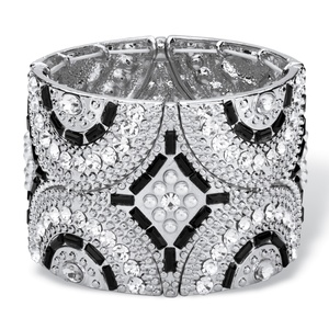 PalmBeach Jewelry Black and Grey Simulated Crystal and Pearl Geometric Art Deco-Style Beaded Stretch Bangle Bracelet in Silvertone 7.75"
