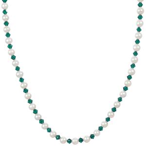 Genuine Pearl With Emerald Color Swarovski Element Bicone Short Necklace