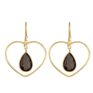 Ladies Sterling Silver 14K Yellow Plated Heart Shaped Smokey Quartz Dangle Earrings