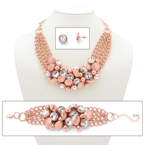 PalmBeach Jewelry Bezel-Set Crystal Rose Gold-Plated Collar Necklace  Bracelet and Stud Earrings Set