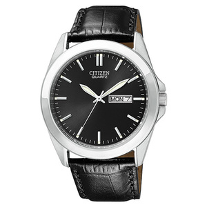 Mens Quartz Eco-Drive Black Leather Strap Watch Black Dial