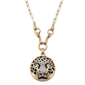 PalmBeach Jewelry Round White and Green Crystal Leopard Pendant Necklace in Gold Tone 26"