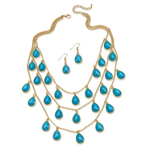 PalmBeach Jewelry 2 Piece Aqua Teardrop Checkerboard-Cut Cabochon Jewelry Set in Yellow Gold Tone